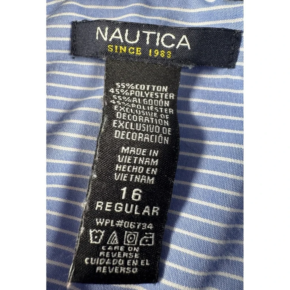 Nautica Boys Button Up Dress Shirt Blue White‎ Stripe 16